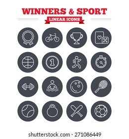 Winners And Sport Linear Icons Set. Winner Cup, Medal Award And First Place Emblem. Bike, Playing Card With Dice And Runner. Fitness Dumbbell, Basketball, Football And Bowling Balls. Flat Circle