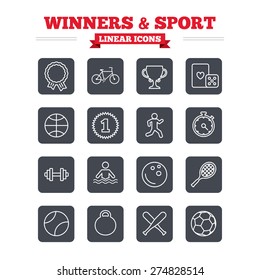 Winners and sport linear icons set. Winner cup, medal award and first place emblem. Bike, playing card with dice and runner. Fitness dumbbell, basketball, football and bowling ball. Flat square vector