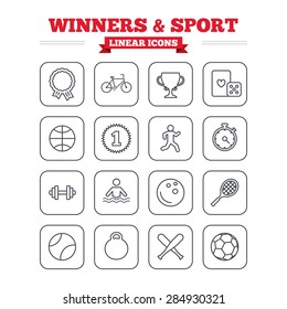 Winners and sport linear icons set. Winner cup, medal award and first place emblem. Bike, playing card with dice and runner. Fitness dumbbell, basketball, football and bowling balls. Thin outline sign