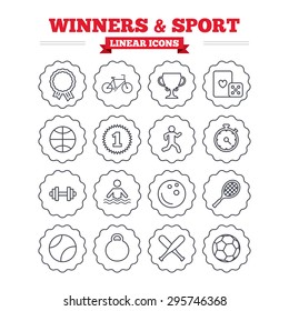 Winners and sport linear icons set. Winner cup, medal award and first place emblem. Bike, playing card with dice and runner. Fitness dumbbell, basketball, football and bowling balls. Thin outline sign