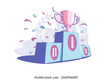 Winners sport trophy vector illustration. Golden cub award flat style. Festive confetti in air. Success and goal achievement concept. Isolated on white background