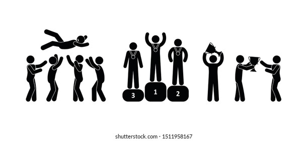 Winners Stand On The Podium. Man Celebrate Holding A Trophy Award. Stick Figure People Throw Winner. Isolated Icons.