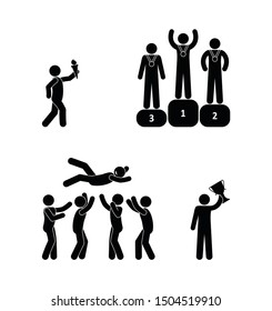 Winners standing on podium. Person celebrate holding award trophy.  People throwing winner in the air, and group celebration. 