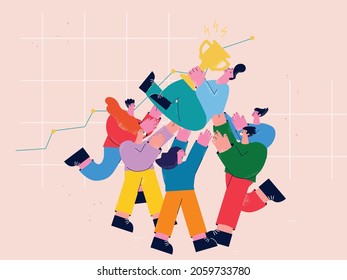 Equipo de ganadores. Trabajo en equipo, amistad, grupo alegre de personas celebrando la victoria de ilustración plana vectorial. Camaradas de negocios y colegas exitosos celebración y liderazgo. Gente ganadora de premios
