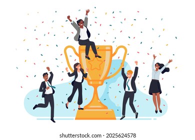 Winners team. Tiny businessmen and women with big