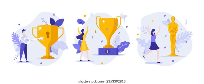 Winners and triumph concept flat vector illustrations set. Trophy for best in industry. Personal success secretes cartoon composition for web design. Creative idea for website, mobile, presentation