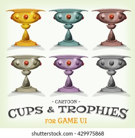 Winners Trophies And Cups For Game UI/
Illustration of a set of funny cartoon gold award winner trophies and prizes, of different levels and categories, for game ui best score or success icons