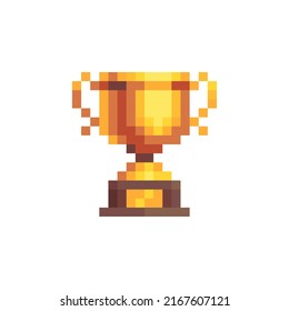 Winner's trophy award. Goblet pixel art icon. Sports competitions. Game tournament emblem. Golden cup. Game assets. Isolated abstract vector illustration. 8-bit sprite. 