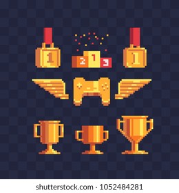 Winner's trophy award pixel art icon set, golden goblet and medal first place, game tournament achievement emblem, gamepad. Winners podium. Isolated vector illustration. Design logo, sticker, app.