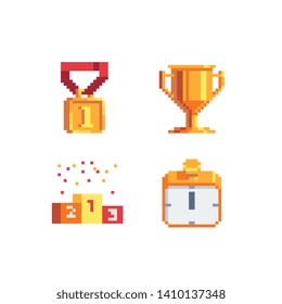 Winner's trophy award pixel art icon set, golden goblet and medal first place, stopwatch. Winners podium. Sport competitions. Isolated vector illustration. Design logo, sticker and mobile app.
