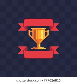 Winner's trophy award. Pixel art icon. Game tournament emblem. Golden cup and ribbons. Game assets. Isolated abstract vector illustration. 8-bit sprite. 