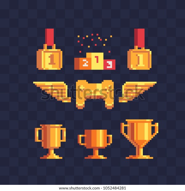 Winner's trophy award pixel art icon set, golden goblet and medal firs...