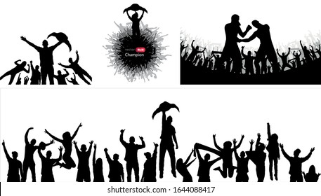 Winner's trophy Champion belt and cup boxing. Crowd many people stadium dancing from party in stadium. Vector illustration.