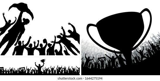 Winner's trophy Champion belt and cup boxing. Crowd many people stadium dancing from party in stadium. Vector illustration.