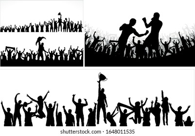 Winner's trophy Champion belt and cup boxing. Crowd many people stadium dancing from party in stadium. Vector illustration.