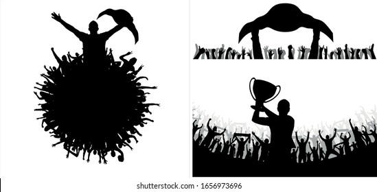 Winners trophy Champion belt and cup boxing. Crowd many people stadium dancing from party in stadium. Vector illustration.