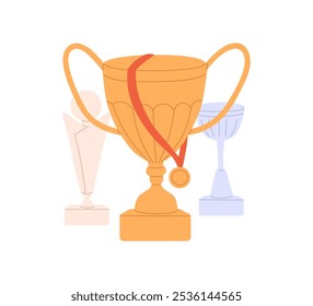 Icono del trofeo del ganador. Premio de atleta con copa de oro y medalla de oro. Recompensa por el primer lugar, victoria, victoria con premio. Éxito empresarial. Ilustración vectorial aislada plana sobre fondo blanco