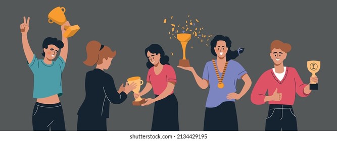 Winners. Women and men with medals and victory cups. People rejoice in victory. Set of vector images.