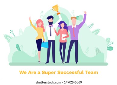 Winners workers holding award, man and woman employees standing together. Business cooperation and success, teamwork strategy, company leadership. Vector illustration in flat cartoon style