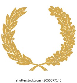 Winner's wreath. Wreath of Oak Branches and Leaves and Laurel Leaves, isolated on white, vector illustration