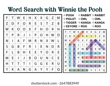 Winnie the Pooh themed word search puzzle with highlighted words. Educational game for kids featuring popular characters and vocabulary.