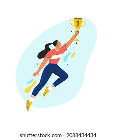 Winning Athlete Concept. Vector Cartoon Illustration Of A Young Woman In Sportswear With A Gold Cup, Celebrating A Victory. Isolated On Background