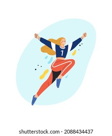 Winning Athlete concept. Vector cartoon illustration of young woman in sportswear celebrating a victory. Isolated on abstract background