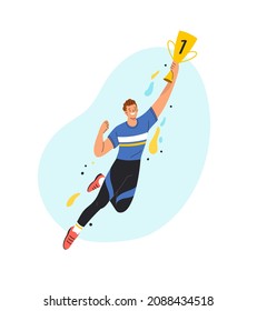 Winning Athlete concept. Vector cartoon illustration of young men in sportswear with gold award cup in hand, celebrating a victory. Isolated on background