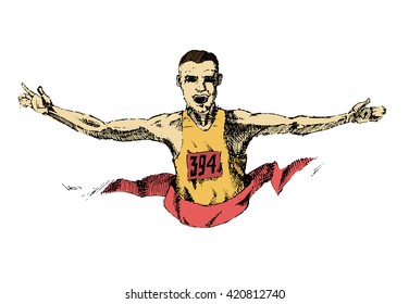 Winning athlete crosses the finish line. Marathon win. White male. Hand drawn colorful vector stock illustration