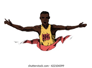 Winning athlete crosses the finish line. Marathon win. Black male. Hand drawn colorful vector stock illustration
