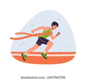 El atleta ganador cruza la línea de meta roja. El hombre logra el éxito en el deporte. Persona en ropa deportiva corriendo maratón. Concepto de gol y victoria. Ilustración vectorial plana de dibujos animados.