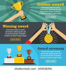 Winning award banner horizontal concept set. Flat illustration of 3 winning award vector banner horizontal concepts for web