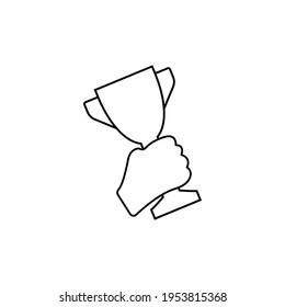 Winning award line icon. Cup in human hand. Success concept. Vector illustration can be used for topics like win, triumph, prize, trophy. Outline signs. Web design, mobile app. Vector illustration.