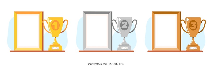 Ganando premios. Copas de oro, plata y bronce y marco fotográfico con marco de madera. Diploma de ganadores o páginas de certificados. Premios de la ceremonia de la victoria. Trofeo de la competencia. Vector