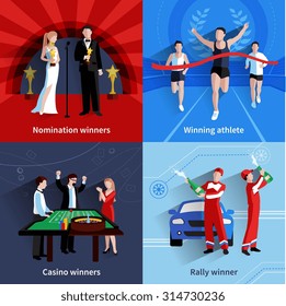  Winning and awards icons set with nomination athletes casino and rally flat isolated vector illustration 