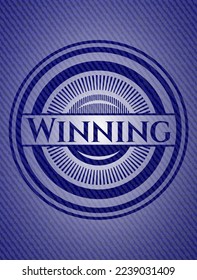 Winning badge with denim texture. Vector Illustration. Detailed. 