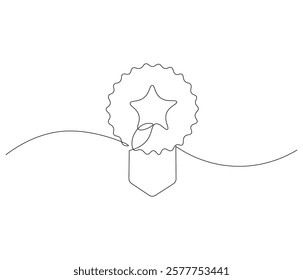 Winning badge in one continuous line drawing. Symbol of a winner. Award winning ribbon in simple linear style. Editable stroke. Doodle line illustration