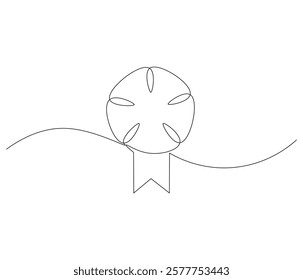 Winning badge in one continuous line drawing. Symbol of a winner. Award winning ribbon in simple linear style. Editable stroke. Doodle line illustration