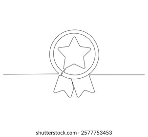 Winning badge in one continuous line drawing. Symbol of a winner. Award winning ribbon in simple linear style. Editable stroke. Doodle line illustration