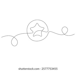 Winning badge in one continuous line drawing. Symbol of a winner. Award winning ribbon in simple linear style. Editable stroke. Doodle line illustration