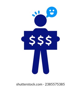 Winning the big dollar prize. Champion, winner, first place. Banker, Gambling income, Rich, financial manager, Finance Arrangement. Salary, invest. Money and Happiness, smiling face.