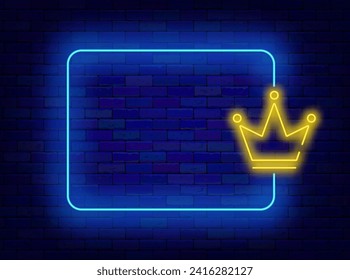 Winning and Birthday neon banner. Casino and bonus. Empty blue border and crown symbol. Talent show. Anniversary party celebration. Copy space. Editable stroke. Vector stock illustration