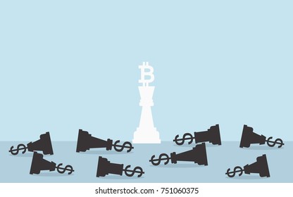 winning bitcoin chess in flat icon design on blue color background