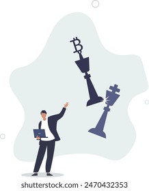 Ganar la estrategia de comercio de Bitcoin, obtener ganancias de criptomonedas o finanzas descentralizadas derrota a la Ilustración vectorial .flat bancaria tradicional.