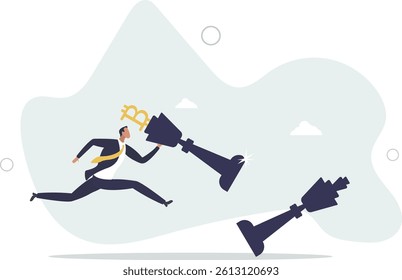Winning Bitcoin trading strategy, make profit from crypto currency or decentralized finance defeat traditional banking concept.flat character life .