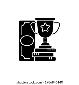 Winning black glyph icon. Cash prize. Victory. Becoming profitable sports bettor. Keeping winning bet. Making money betting on sports. Silhouette symbol on white space. Vector isolated illustration