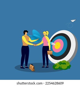 Winning business challenge, achievement or reaching goal ,meet target, success helping to achieve target , Successful cooperation businessmen winning darts hitting bullseye.