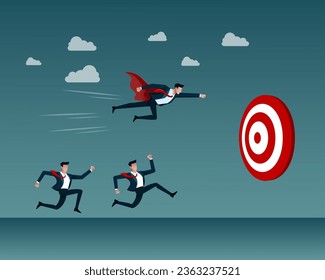 Winning business competition advantage is using strategy for success. Businessmen use red cape to flying lead the way to win. vector flat illustration.