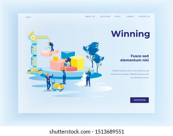 Winning Business Landing Page with Metaphor Team Builders Constructing Financial Chart. Data Analysis, Statistics Systematization. Teamwork, Leadership. Competition. Vector Cartoon Illustration
