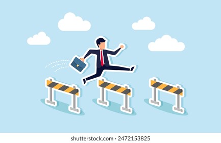 Winning in business: overcoming obstacles, solving problems, and leading to success, concept of Confident businessman leaps over three hurdles to become the winner